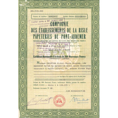 Cie des Ets de la Risle Papeteries de Pont-Audemer (CN Act 100NF)
