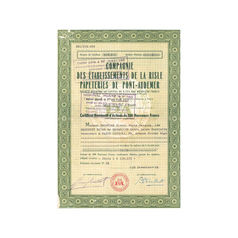 Cie des Ets de la Risle Papeteries de Pont-Audemer (CN Act 100NF)
