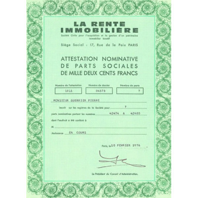 La Rente Immobilière (Attestation Nomin 1200F)