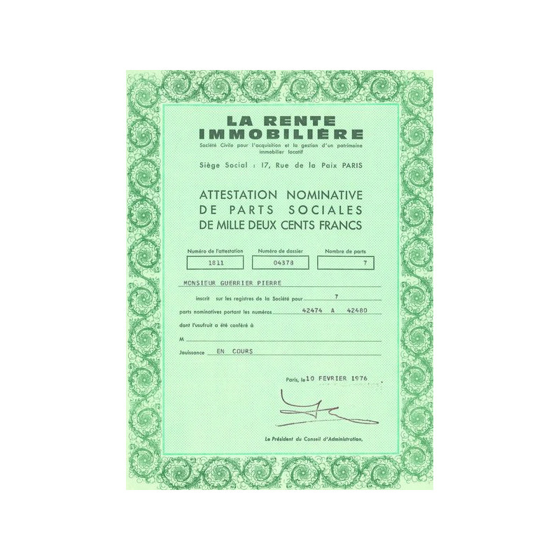 La Rente Immobilière (Attestation Nomin 1200F)