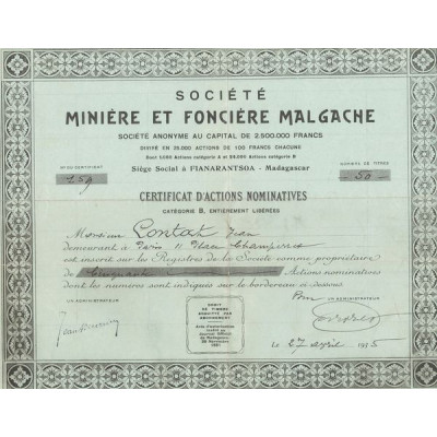 Sté Minière et Foncière Malgache (CN Act B 100F)
