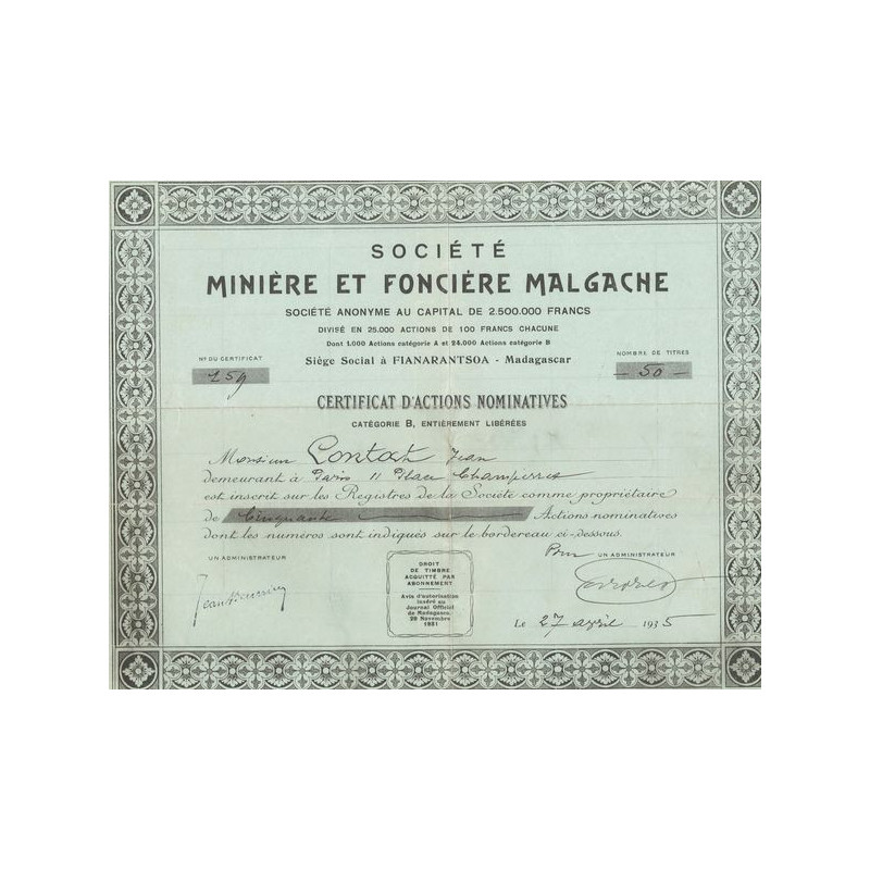Sté Minière et Foncière Malgache (CN Act B 100F)
