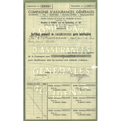 Cie d'Assurances Générales - Accidents - Vol - Maritimes - Risques Divers - Réassurances (CN de PB)