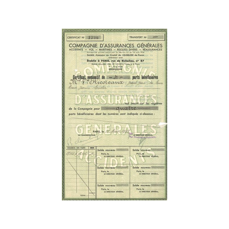 Cie d'Assurances Générales - Accidents - Vol - Maritimes - Risques Divers - Réassurances (CN de PB)