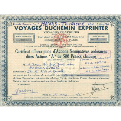 Voyages Duchemin Exprinter (Certif d'Inscription Nomin Act A 500F)