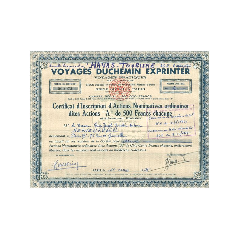 Voyages Duchemin Exprinter (Certif d'Inscription Nomin Act A 500F)