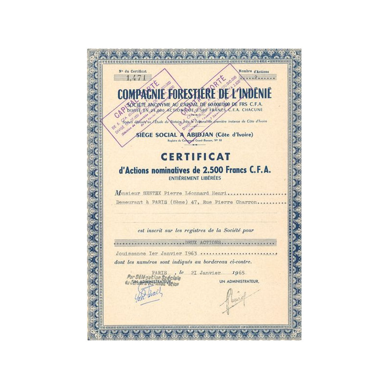 Cie Forestière de l'Indénié (CN Act 2500F CFA)