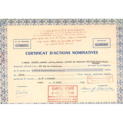 Sté Minière & Financière de Madagascar (CN Act 100F)