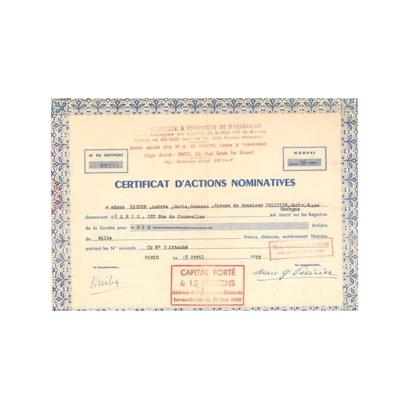 Sté Minière & Financière de Madagascar (CN Act 100F)