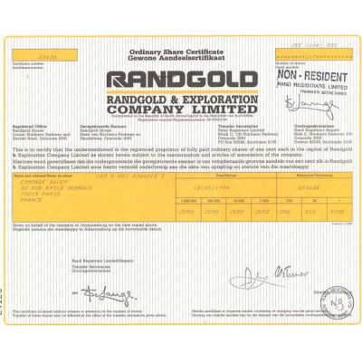 Randgold & Exploration Cy Ltd (Certif Nomin)