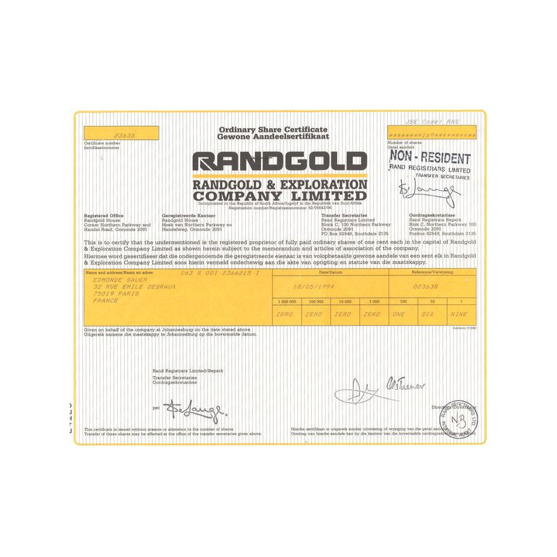 Randgold & Exploration Cy Ltd (Certif Nomin)