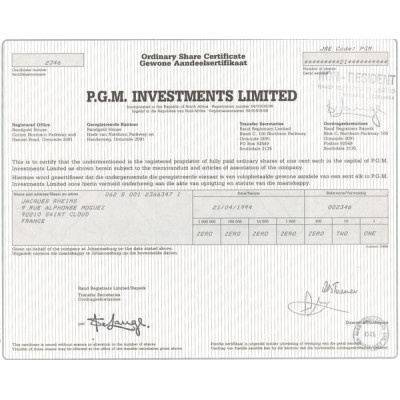 P.G.M. Investments Ltd (Certif Nomin)