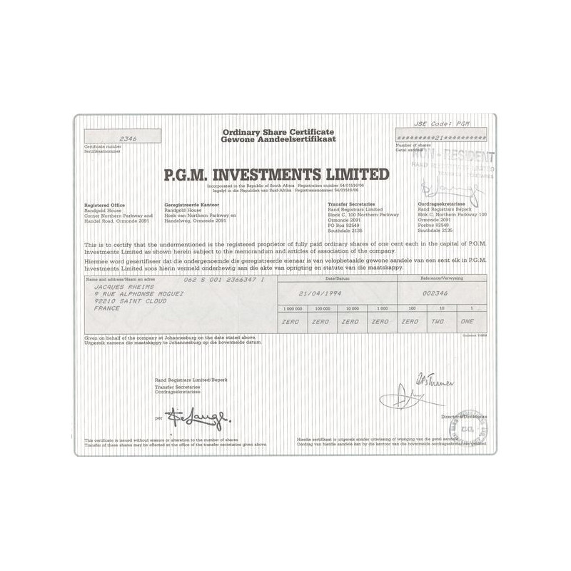 P.G.M. Investments Ltd (Certif Nomin)