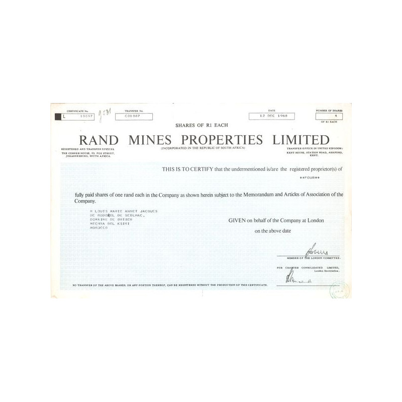 Rand Mines Properties Ltd (Certif Nomin Act) (Bleu)