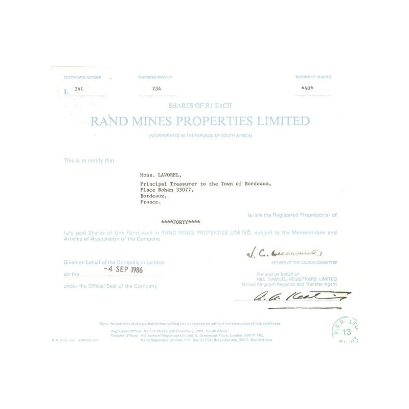 Rand Mines Properties Ltd 1986 (Certif Nomin)