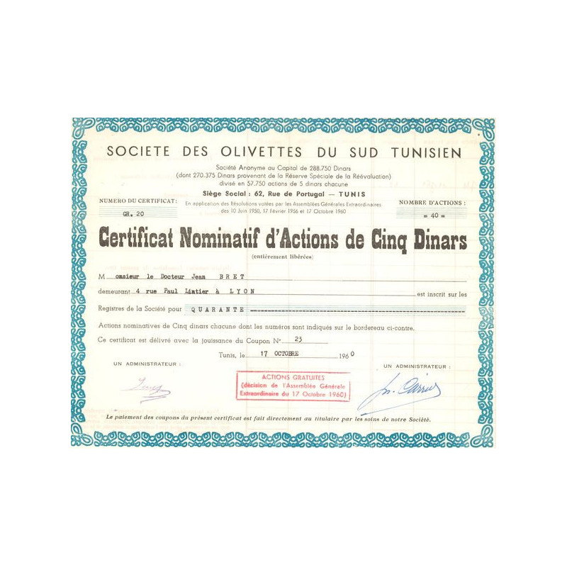 Sté des Olivettes du Sud Tunisien (CN Act 5 Dinars)