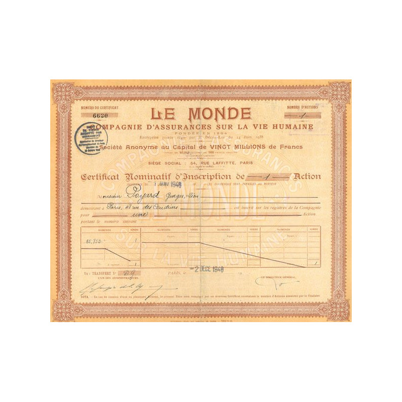 Le Monde Cie d'Assurances Sur La Vie Humaine (CN d'Inscription 1 Act)