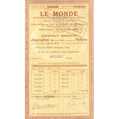 Le Monde Cie d'Assurances Sur La Vie Humaine (CN d'Inscription 9 Act)