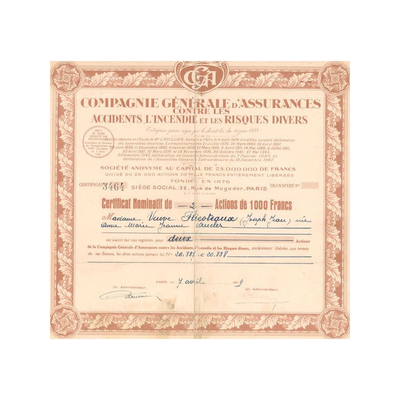 Cie Gale d'Assurances Contre les Accidents l'Incendie et les Risques Divers (CN Act 1000F)