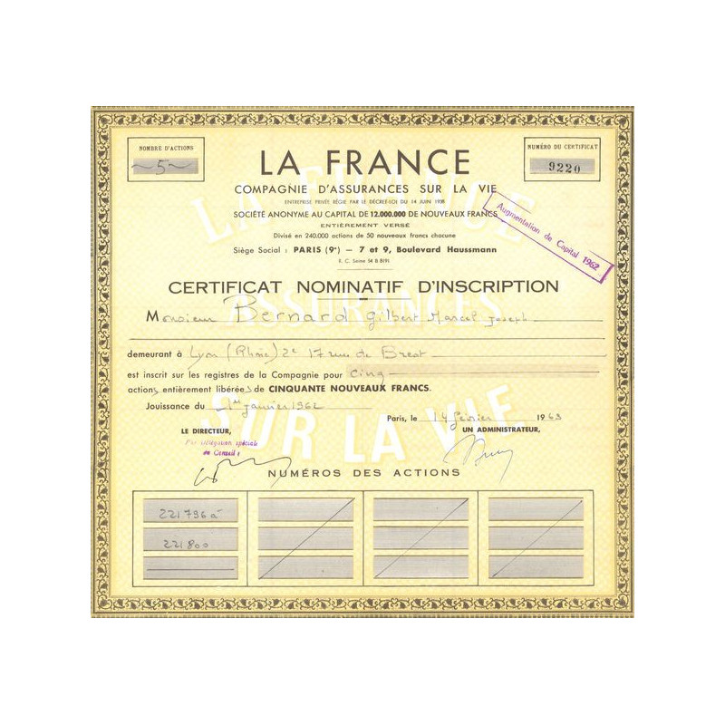 La France - Cie d'Assurances sur la Vie (CN 50NF Jaune)