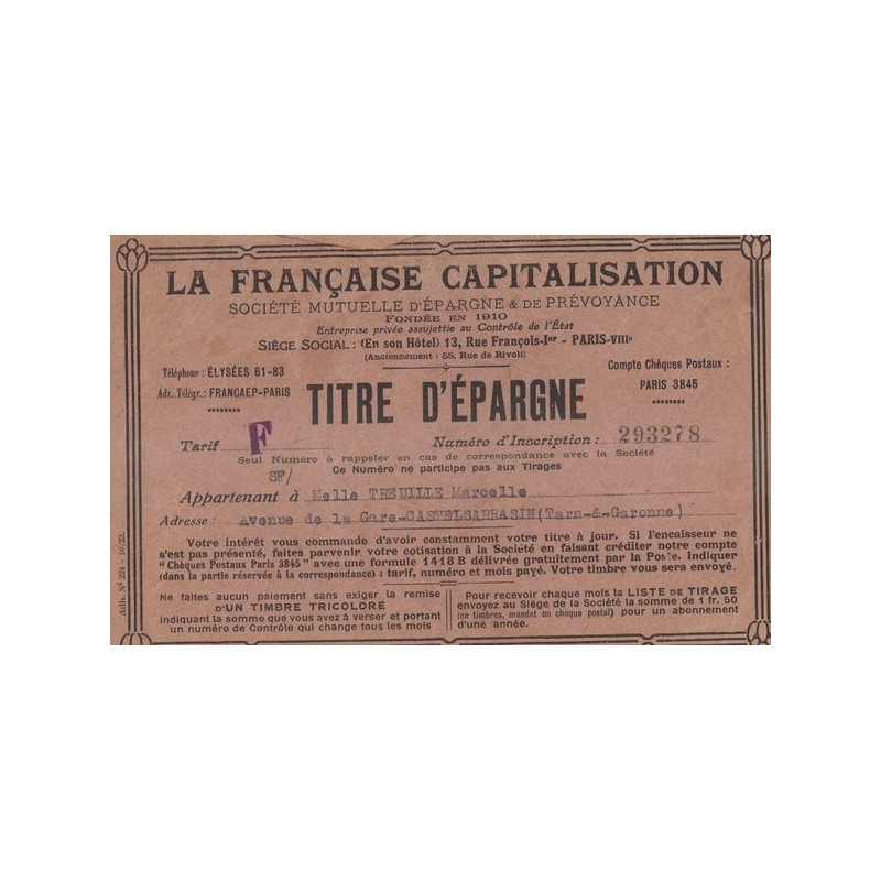 La Française Capitalisation - Sté Mutuelle d'Epargne & de Prévoyance (Titre d'Epargne)