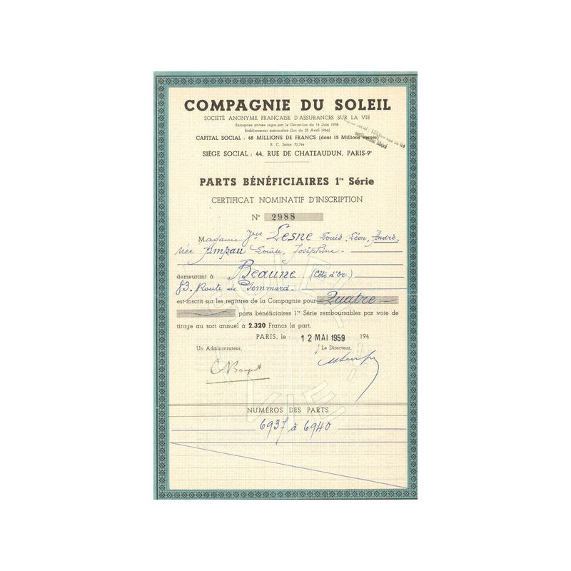 Cie du Soleil - S.A Française d'Assurances sur la Vie (PB CN) Bleu