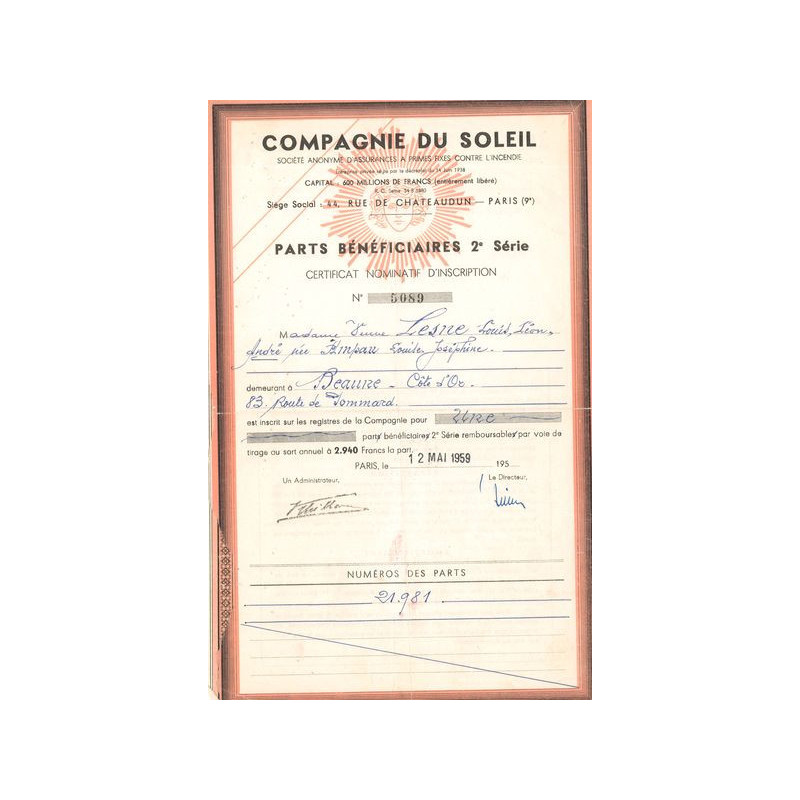 Cie du Soleil - S.A d'Assurances à Primes Fixes contre l'Incendie (PB CN) Rouge