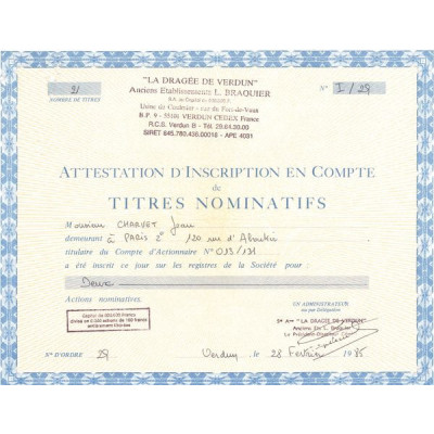 "La Dragée de Verdun" - Anc Ets L. BRAQUIER (Certif Nomin)