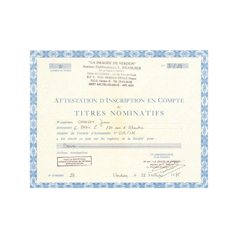 "La Dragée de Verdun" - Anc Ets L. BRAQUIER (Certif Nomin)