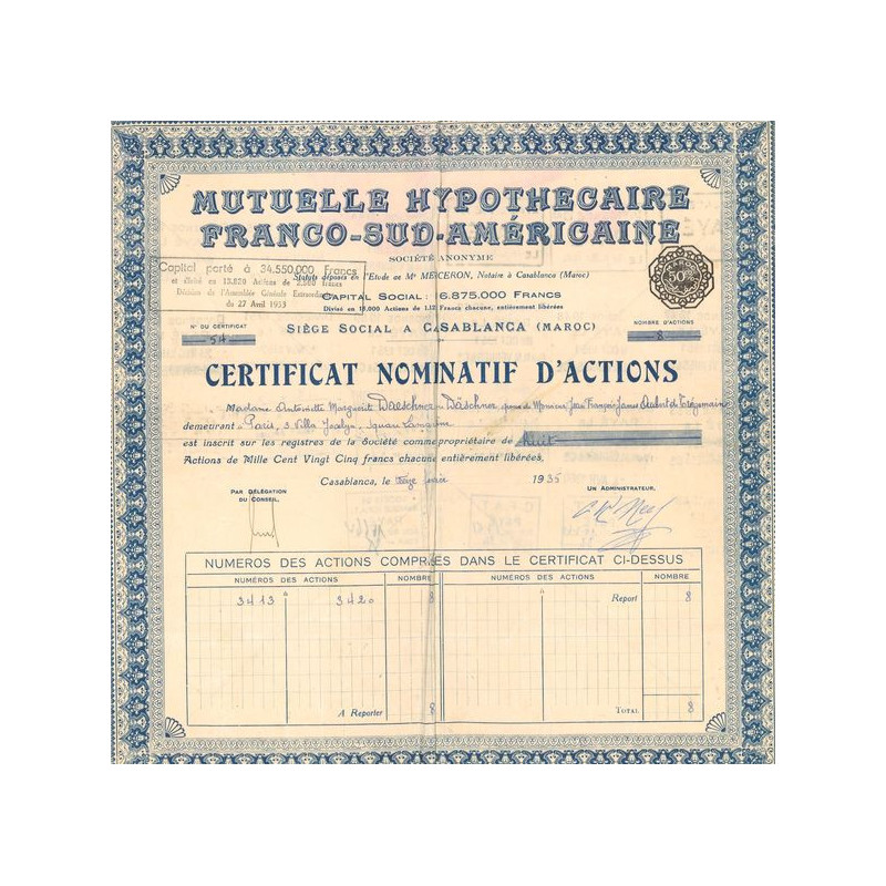Mutuelle Hypothécaire Franco-Sud-Americaine (Certif Nomin)