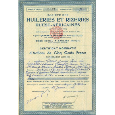 Sté des Huileries et Rizeries Ouest-Africaines (CN Act 500F) Bleu