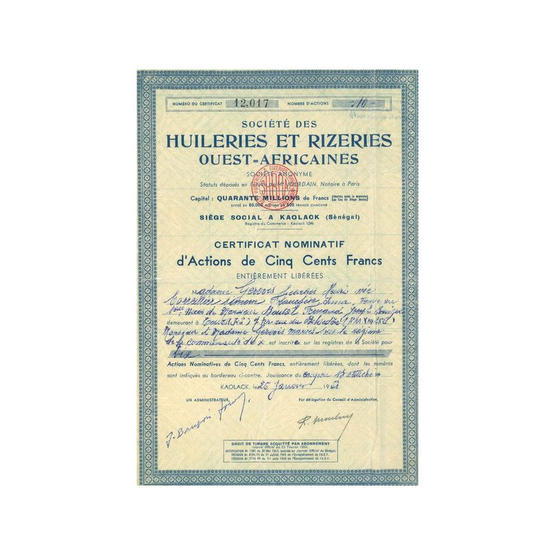 Sté des Huileries et Rizeries Ouest-Africaines (CN Act 500F) Bleu