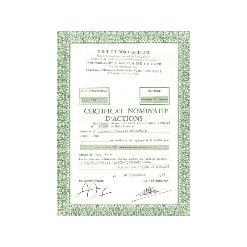 Mobil Oil Nord Africaine (Certif Nomin)