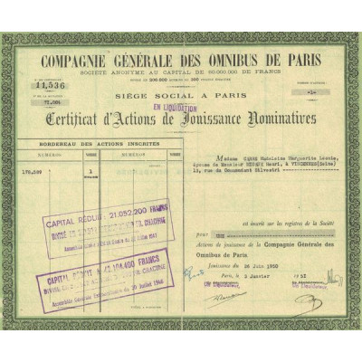 Cie Générale des Omnibus de Paris (Certif d'Act de Jouissance Nomin)