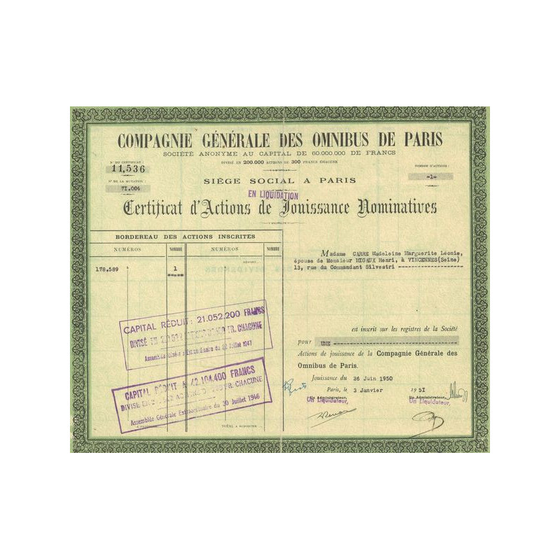 Cie Générale des Omnibus de Paris (Certif d'Act de Jouissance Nomin)