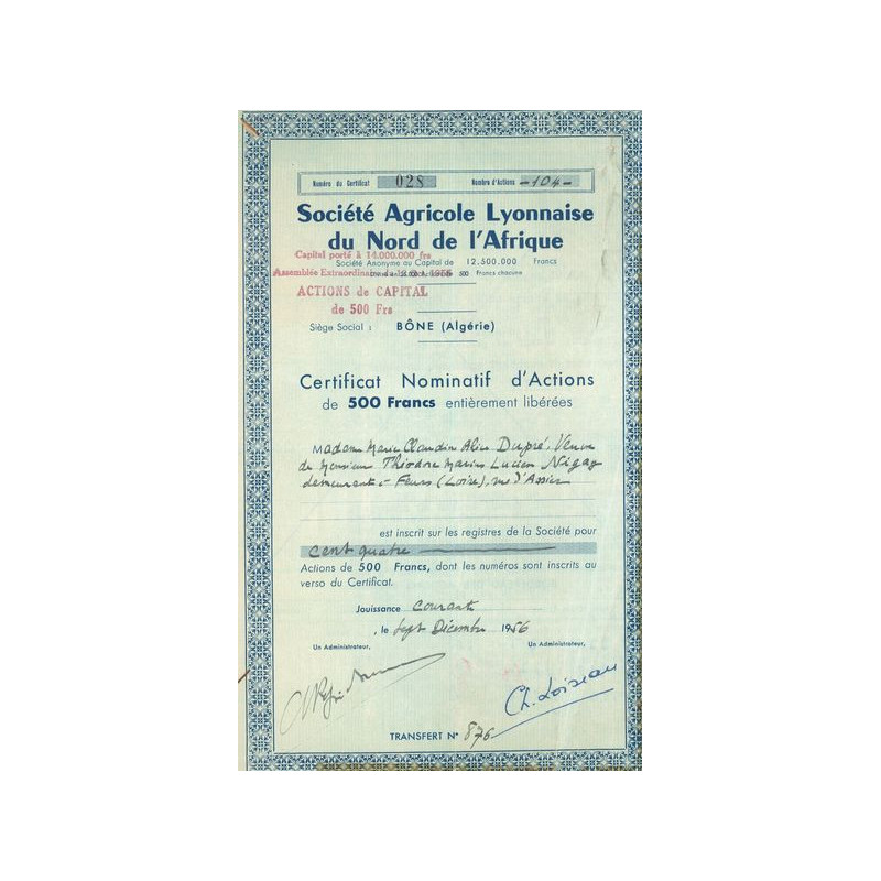 Sté Agricole Lyonnaise du Nord de l'Afrique (CN Act 500F)