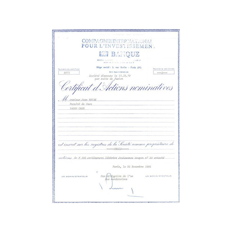 Cie Internationale pour l'Investissement Via Banque (CN Act 100F)