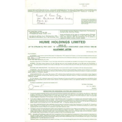 Hume Holdings Ltd (Certif Nomin) Vert