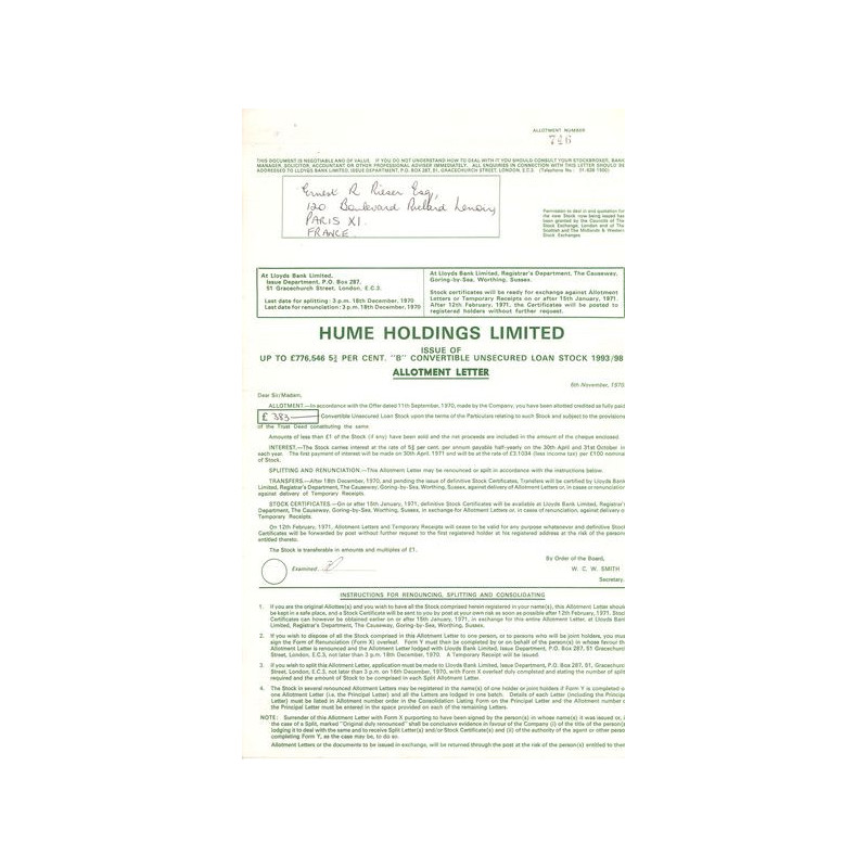 Hume Holdings Ltd (Certif Nomin) Vert