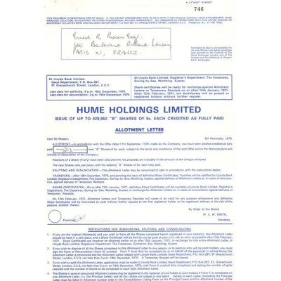 Hume Holdings Ltd (Certif Nomin) Bleu