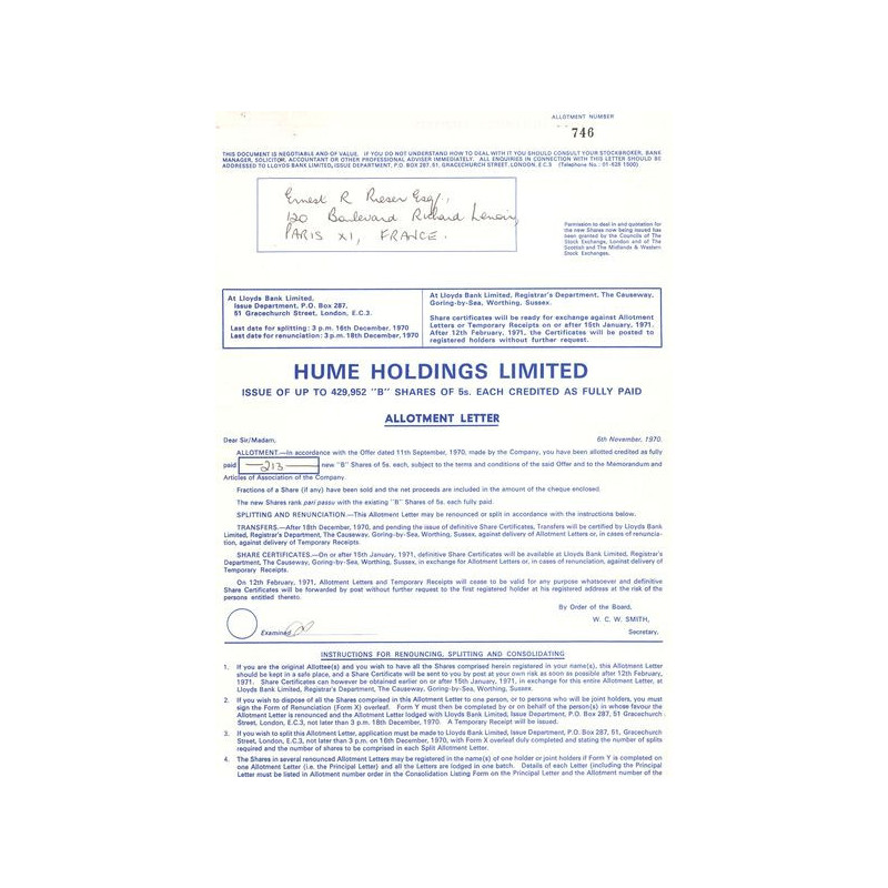 Hume Holdings Ltd (Certif Nomin) Bleu