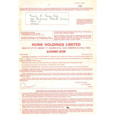 Hume Holdings Ltd (Certif Nomin) Rouge