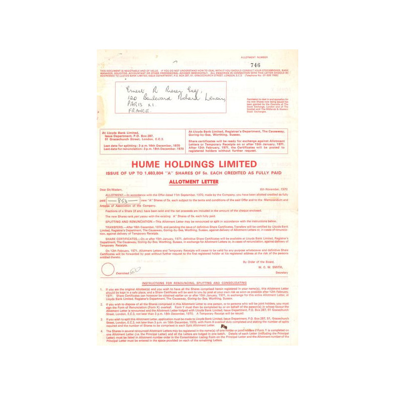 Hume Holdings Ltd (Certif Nomin) Rouge