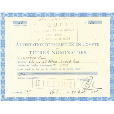 Cie Financière Mocupia (Certif Nomin)