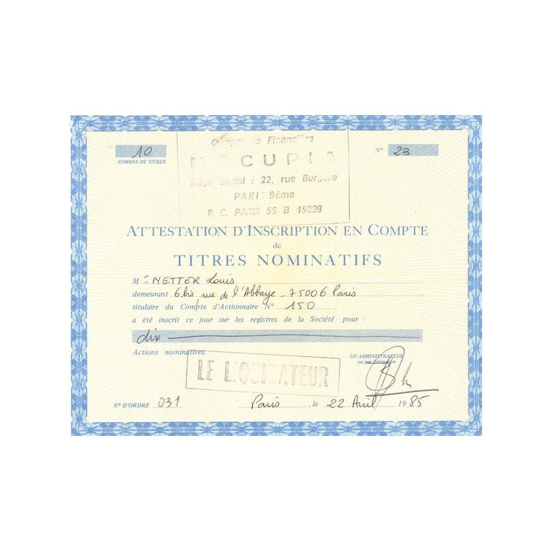 Cie Financière Mocupia (Certif Nomin)