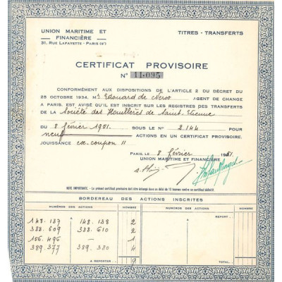 Union Maritime et Financière (Certif Nomin Provisoire)