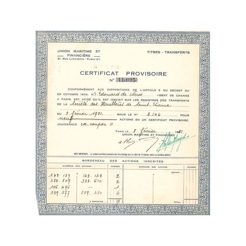 Union Maritime et Financière (Certif Nomin Provisoire)