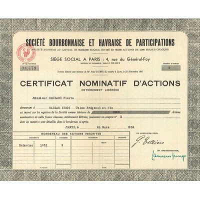 Sté Bourbonnaise et Havraise de Participations (CN Act 1000F)
