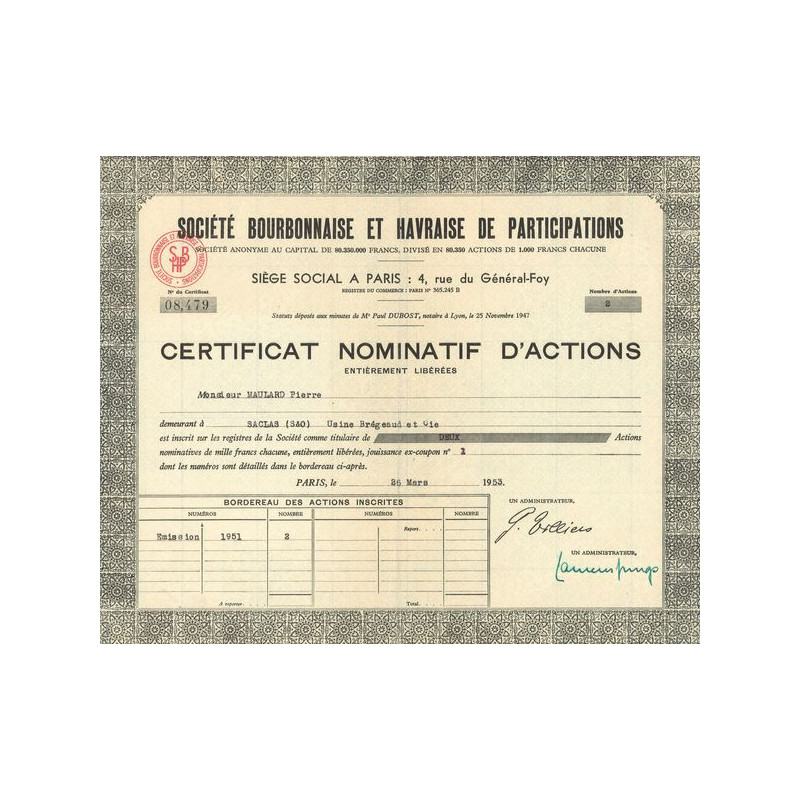 Sté Bourbonnaise et Havraise de Participations (CN Act 1000F)
