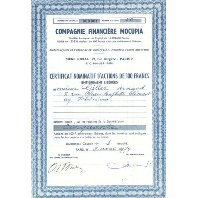 Cie Financière Mocupia (CN Act 100F) Bleu